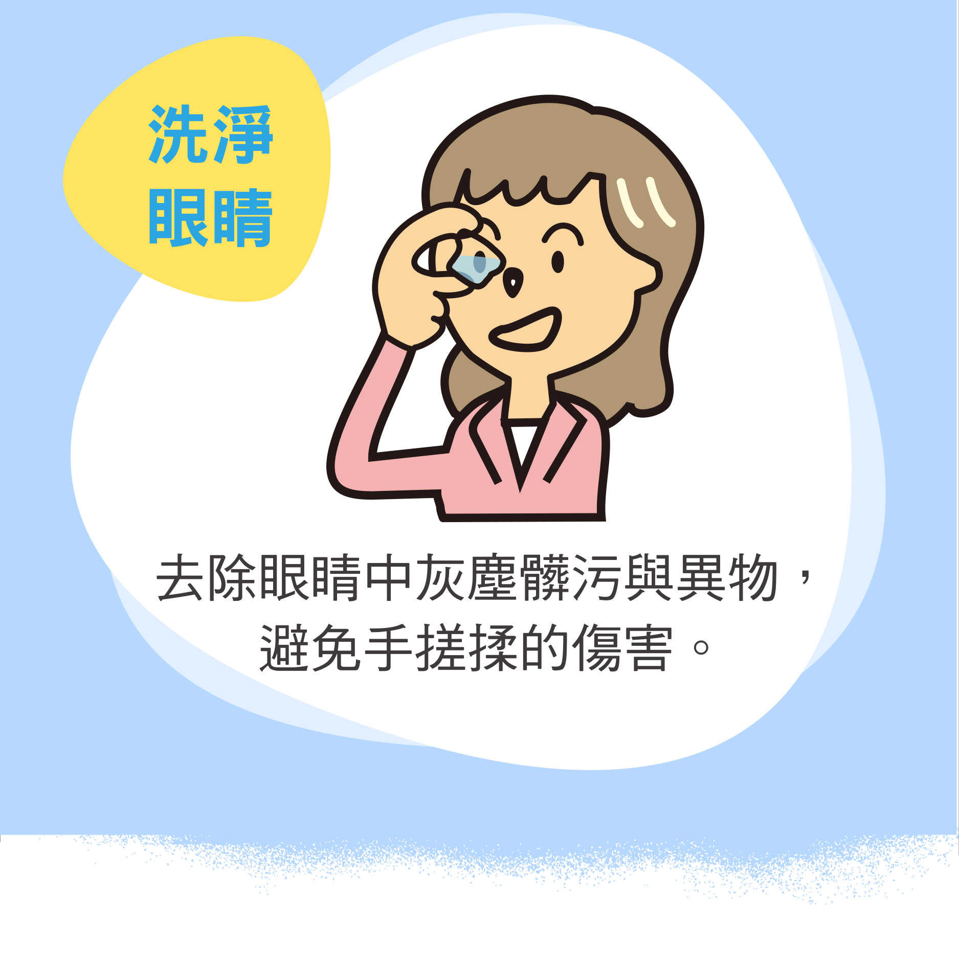 洗淨眼睛 去除眼睛中灰塵髒污與異物，避免手搓揉的傷害。